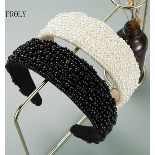 PROLY New Fashion Women Headband Wide Side Full Paved Pearls Hairband Adult Classic Baroque Headwear Hair Accessories