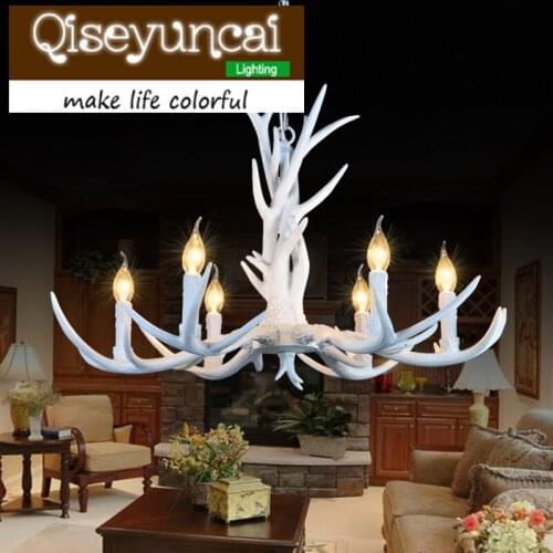 Qiseyuncai E14 110-220V 6 Heads American Deer Chandeliers Decoration Europe Country Style Retro Antler Pendant Lamp