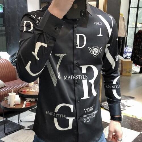 Made Style Letter Printed Long Sleeve Shirt with Polyester Spandex Material and Turn Down Collar Fashion men Street shirt