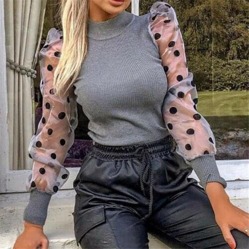 Turtleneck Knitted Polka Dot Puff Long Sleeve Blouse Women Mesh Sheer See-through Shirt Elegant Ladies Slim Tops Blusa Femme