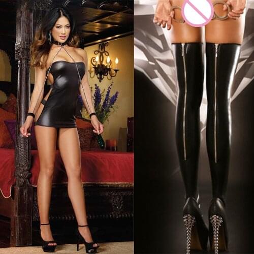 ANNJOLI Sexy Leather Dress and Pantyhose Women Backless Leather Dress Party Latex Bodysuit Costumes Erotic