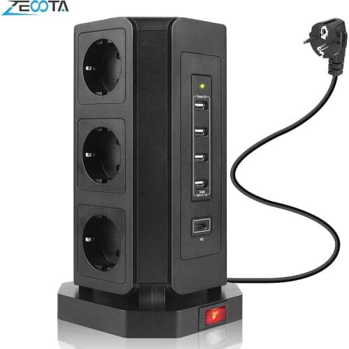 Multiple Vertical Power Strip EU Electrical Plug Outlet 9 Way Socket Tower USB-C Ports 2m Cable Surge Short Circuit Protection