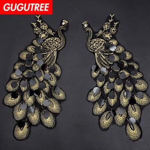 GUGUTREE embroidery beaded big peacock patches bird patches badges applique patches for clothing SK-61