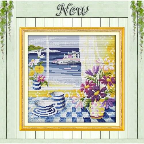 Landscape out of the window seaside Scenery,counted print on canvas DMC 14CT 11CT DIY Cross Stitch Embroidery kit Needlework Set