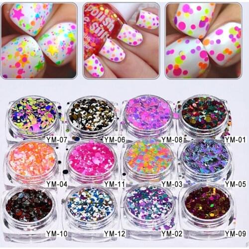 ##YM01-12 5ml/jar 12jars/lot 1mm 2mm 3mm Mixed Glitter Nail Holographic Glitter Acrylic Glitter Mixes Holo Sequins Round Glitter