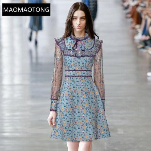 Womens Clothing Fashion Designer Dress Spring Womens Dress Mesh Flare Sleeve Ruffles Floral Print Slim Prairie Chic Dresses