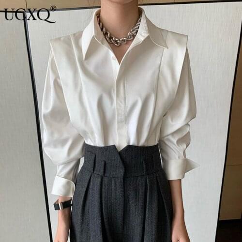 UCXQ Woman Shirt Patchwork Laminated Solid Lapel Collar Single Breasted Long Sleeve Casual Korean Style 2021 New Autumn 23XF198