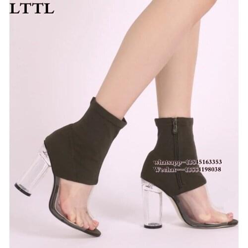 Spring Hot Transparent PVC Strap Toe Women Open Toe Ankle Boots Stretch Fabric Ladies High Heel Boots Zipper Back Dress Shoes