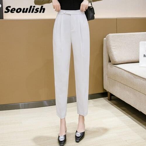 Seoulish 2021 New Spring Womens Formal Harem Pants Button High Waist Elegant Office Lady Ankle-Length Female Trouses Pocket