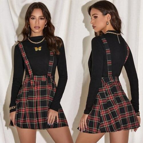 Womens Plaid Pleated Mini Tartan Overall Skater High Waist A-Line Suspender Flare Short Skirt School Uniform Miniskirt