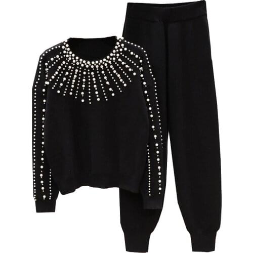 2021 Spring Knitted Two Piece Sets Women Fashion Beaded Sequin Embroidery Sweaters & Trousers Suit Sets Women Casual Sports Sets