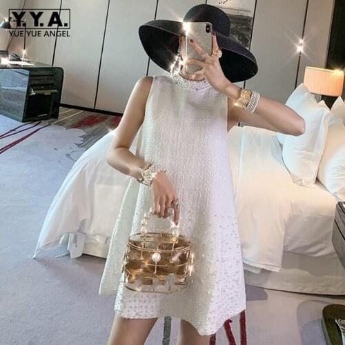 Korean Style Elegant Womens Beading Weave Tweed Fashion Dress Office Lady Loose O-Neck Zippers Knee Length Vintage A-Line Dress