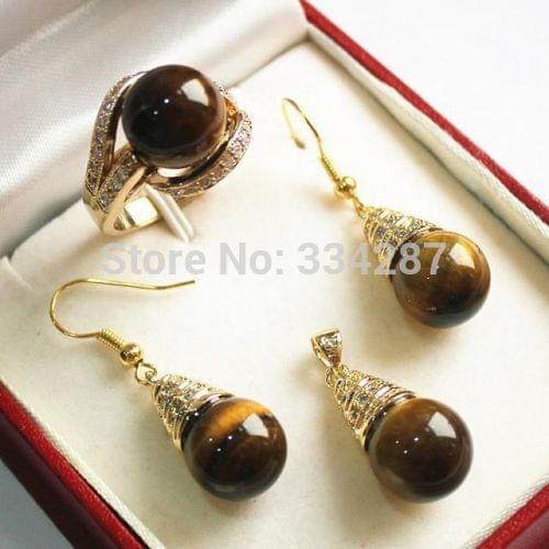 3color Womens jewelry light gold-color jade earring Ring Pendant set