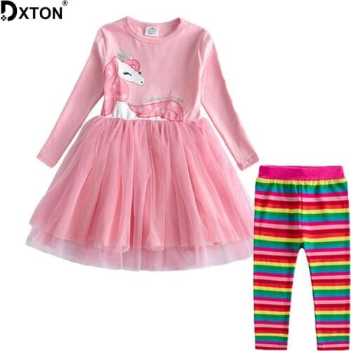 Dxton 2PCS Girls Clothes Children Clothing Sets Long Sleeve Dress with Rainbow Pants Flowers Girls Sets Winter Kids Costume 2-8Y