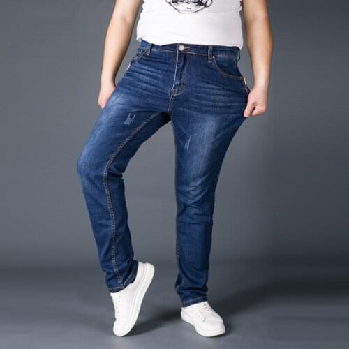SHABIQI Jeans men elastic waist plus size full length denim pants very big size 36 38 40 42 44 46 48