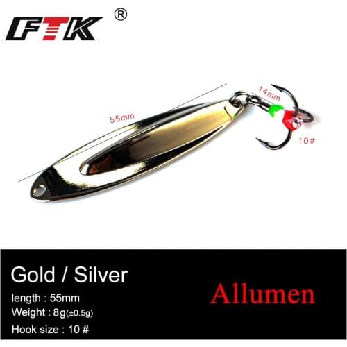 FTK Ice Fishing Lure Spoon Gold/Silver Allumen Weihgt 8g Length 55mm Fishing Bait Spinner Bait Treble Hook 10# Hard Lures