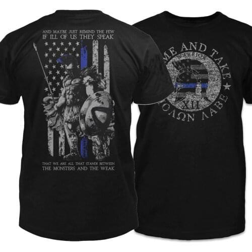 Thin Blue Line Flag Spartan Shield Spear Warrior Molon Labe Motto T-Shirt. Summer Cotton Short Sleeve O-Neck Mens T Shirt New