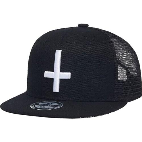 2021 White Cross Embroidery Hip Hop Cap Men Women Snapback Hat for Teenagers Mesh Caps Breathable Black