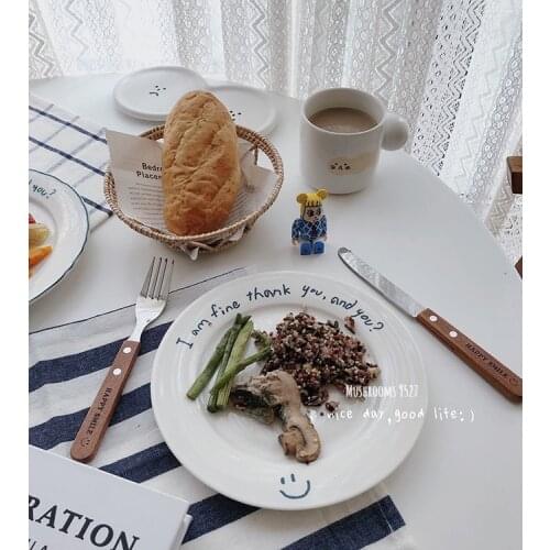 Korean Style Ceramic Crayon Painting Simple Retro Smiling Face Plate Dessert Pastry Plate Pasta Plate