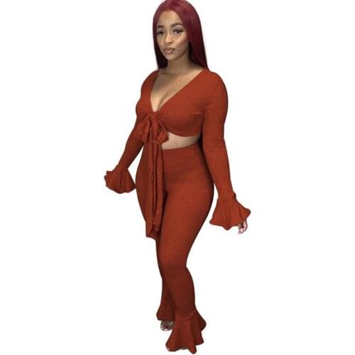 JRRY Casual Women Tracksuit Two Pieces Set Flare Sleeves Crop Top Bell Bottom Pants Loose Sports Suit Solid Pattern Outdoor Wear