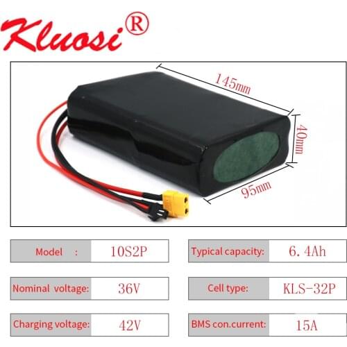 KLUOSI 10S2P 36V 6.4Ah 6Ah 450W18650 Lithium Battery Pack with 15A BMS for Electric Scooter Skateboard Ebike Electric Bicycle