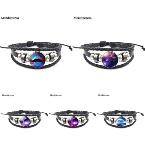 Mendittorosa Purple Nebula Space Universe New Brand Jewelry With Glass Cabochon Black Leather Bracelet Bangle For Women Gift