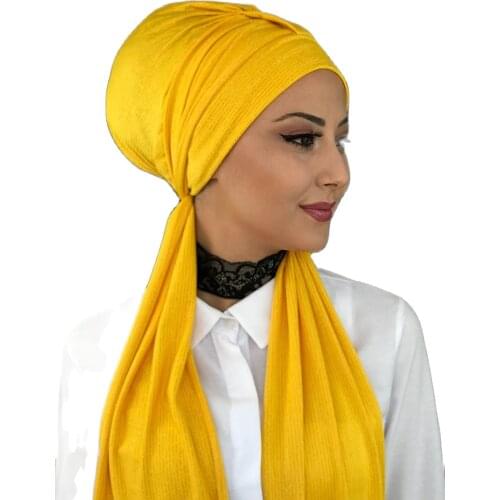 Islamic Fashion Muslim Hijab Lady Hijab 2021 Trend Scarf Bone Beanie Ready Shawl Scarf Buckle Hat Yellow Bone Wrap