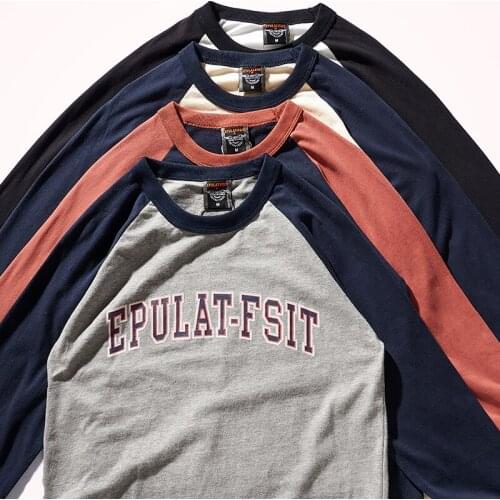 Autumn Long Sleeve O-neck Letter Print T-shirt Mens Fashion Contrast Splicing Raglan Sleeve Pure Cotton Washed Old Casual Tops