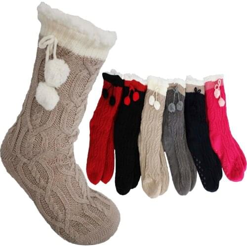 Socks Very Thick Pompom Woman Anti Slip Winter Lined Braided