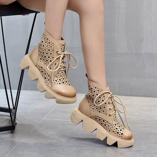 Spring and Summer Hole Shoes Genuine Leather Lace-up Martin Boots Hollow Sandals First Layer Cowhide Platform Platform Shoes