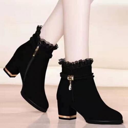 Autumn and Winter Suede Short Boots Thick Heel Womens Boots Sexy Lace All-match Side Zipper Nude Boots