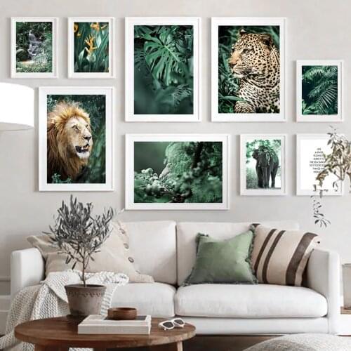 Jungle Animal Elephant Cheetah Lion Leaf Nordic Posters And Prints Wall Art Canvas Painting Wall Pictures For Living Room Decor