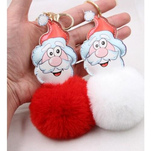 Fluffy Santa Claus Keychains For Key Cover Pompom Faux Rabbit Fur Ball Father Christmas Gift Keyring Holder Pendant Accessories
