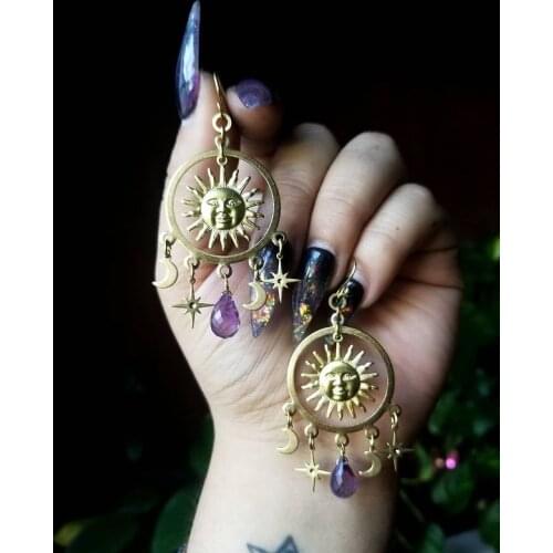 Handmade Sun and Moon Celestial Dangle Drop Earrings Sun and Moon Charms/Witchy Gothic Earrings