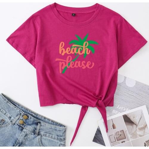 Beach Please Vacation Knotted Crop Top Shirt Womens Summer Short Sleeve Cotton T-Shirt Cropped Tops Graphic Tee Front Tie Knot