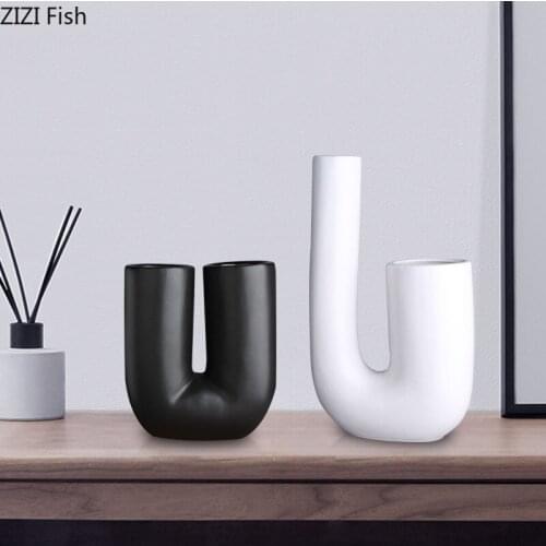 Abstract Art White Porcelain Flower Vase Simplicity U-shaped Ceramic Vases Flowers Arrangement Living Room Crafts Ornaments