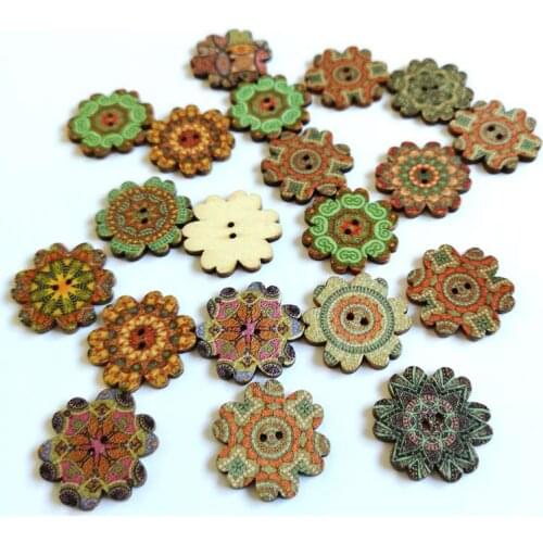 120pcs 20/25mm Vintage Baroque Flower Wood Sewing Button Scrapbooking Round At Random Two Holes Pattern Pattern