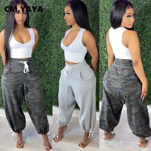CM.YAYA Women Camouflage Haren Pants for Streetwear Safari High Waist Jogger Sweatpants Fashion Trousers