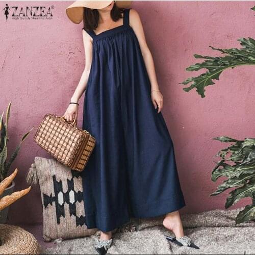 Oversized Womens Summer Jumpsuits ZANZEA 2021 Kaftan Solid Overalls Suspender Playsuits Female Wide Leg Pants Casual Rompers