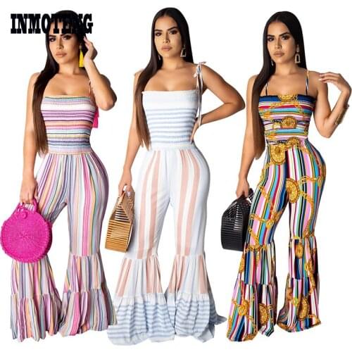 INMOTENG Women Multi Color Stripes Sexy Spaghetti Strap Slash Neck Ruffles Hem Lantern Jumpsuit Beach Party Club Romper Playsuit