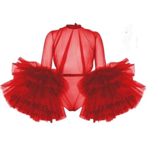 Sexy See Thru Red Women Jumpsuit 2020 With Puffy Full Sleeves Ruffles Tiered Tulle Rompers Womens