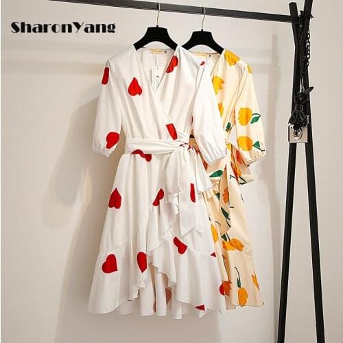 V Neck Slim Waist Print Asymmetrical Dress 2021 Spring Summer Casual Style Women Dresses Sweet Short Sleeve with Girdle