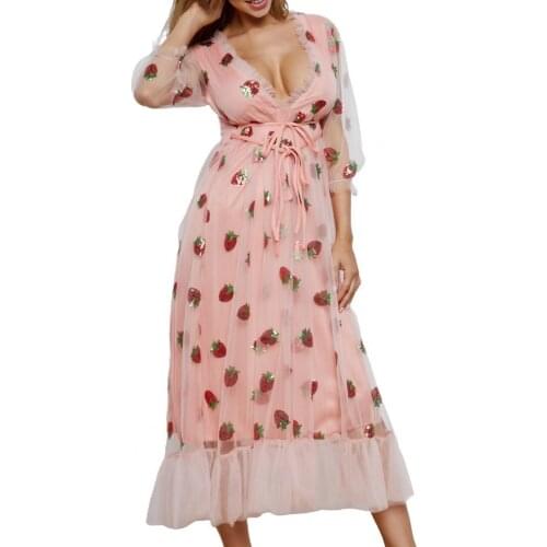 Women Lace Dress 2021 Formal Dress Sequins Strawberry Pattern Women Ruffles Patchwork V Neck Lace Net Yarn Dress for Wedding