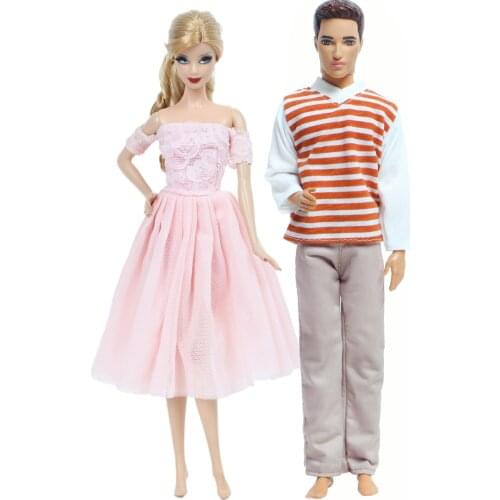 2 Set Couples Outfits Pink Lace Dress Mini Princess Gown Mens Suit Trousers Clothes for Barbie Doll for Ken Doll Accessories Toy