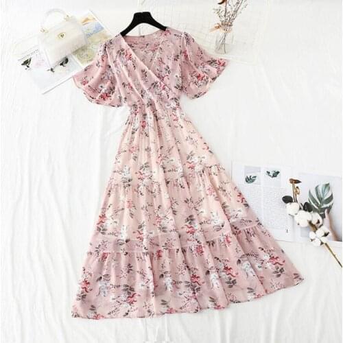 2021 Korean Elegant Chiffon Dress Women Summer V-neck Floral Print Midi Dress High waist Short Sleeve dress Ruffle Vestidos