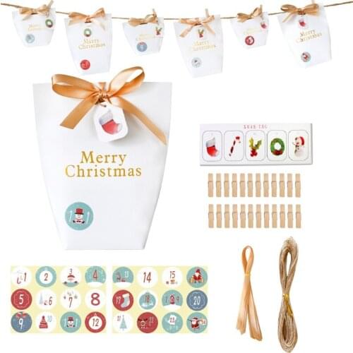 24sets Advent Calendar Merry Christmas White Paper Bag Holiday Count Down Gift Packing Idea with Stickers Party Snack Treat Bag