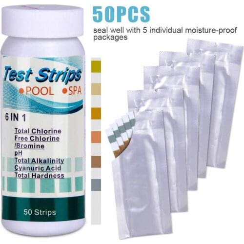 6-In-1 50PCS Swimming Pool PH Test Paper Residual Chlorine PH Value Alkalinity Hardness Test Strip Pool Cleaner Accessories Tool
