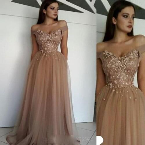Custom Made Long Sweetheart Off The Shoulder Champagne Lace Applique Tulle Prom Dresses Gowns Evening Dress