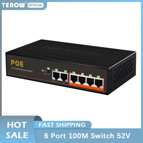 TEROW 6 port 10/100Mbps POE Switch 4+2 Fast Ethernet Switch with VLAN 52V 65W Power Supply for Camera/ Router/ Video Recorder