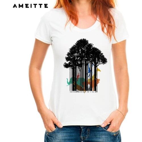 AMEITTE Summer Tops Funny Barcode Forest Animals Print T Shirts Base O-Neck Short Sleeve Women T shirt All-match White Tee Shirt